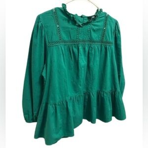 ZARA embroidered green coquette tiered blouse, long sleeve . Size L.